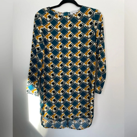 Wayf Dresses & Skirts - WAYF Long Sleeve Midi Tunic Dress Unlined‎ Gold Turquoise Geometric Pattern